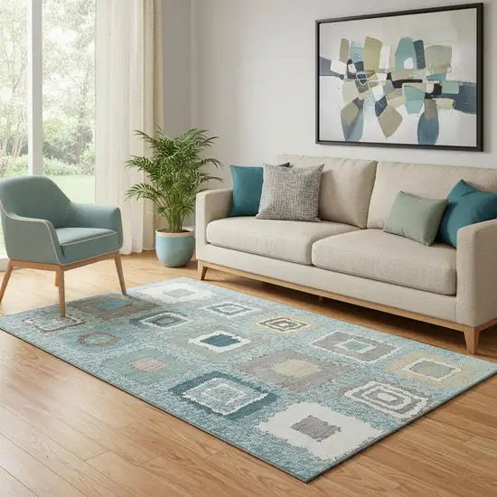 Teal Ivory And Beige Geometric Washable Area Rug With UV Protection Photo 2