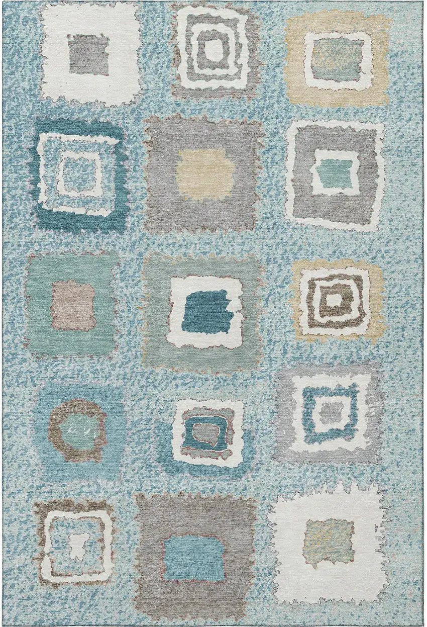 Teal Ivory And Beige Geometric Washable Area Rug With UV Protection Photo 4