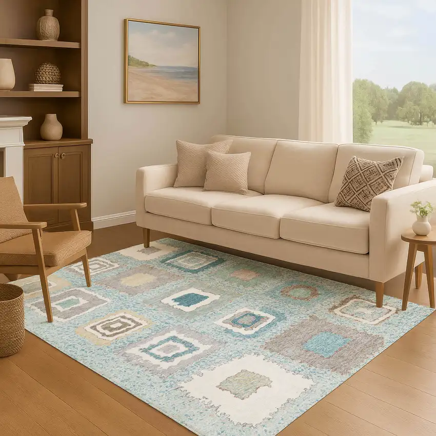 Teal Ivory And Beige Geometric Washable Area Rug With UV Protection Photo 6