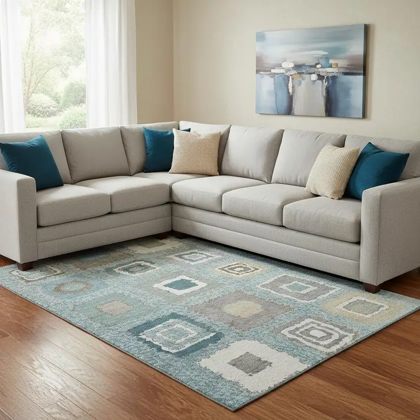 Teal Ivory And Beige Geometric Washable Area Rug With UV Protection Photo 2