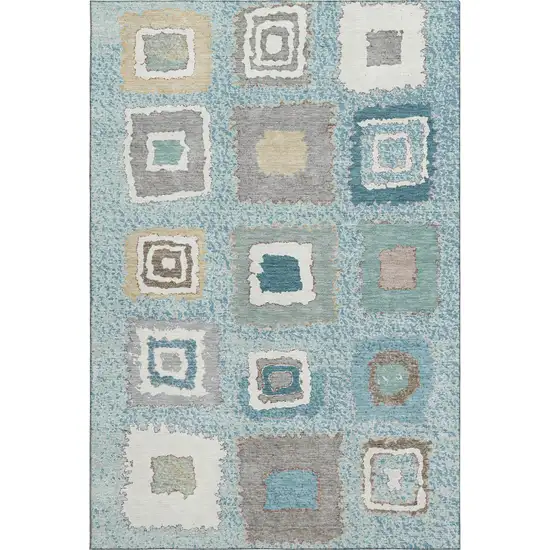 Teal Ivory And Beige Geometric Washable Area Rug With UV Protection Photo 1