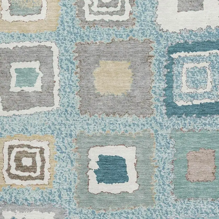 Teal Ivory And Beige Geometric Washable Area Rug With UV Protection Photo 3