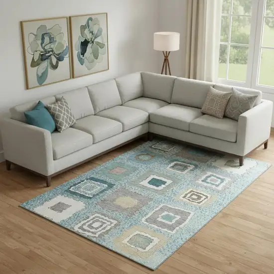 Teal Ivory And Beige Geometric Washable Area Rug With UV Protection Photo 2
