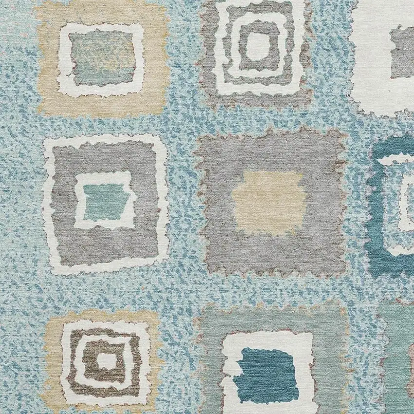 Teal Ivory And Beige Geometric Washable Area Rug With UV Protection Photo 3