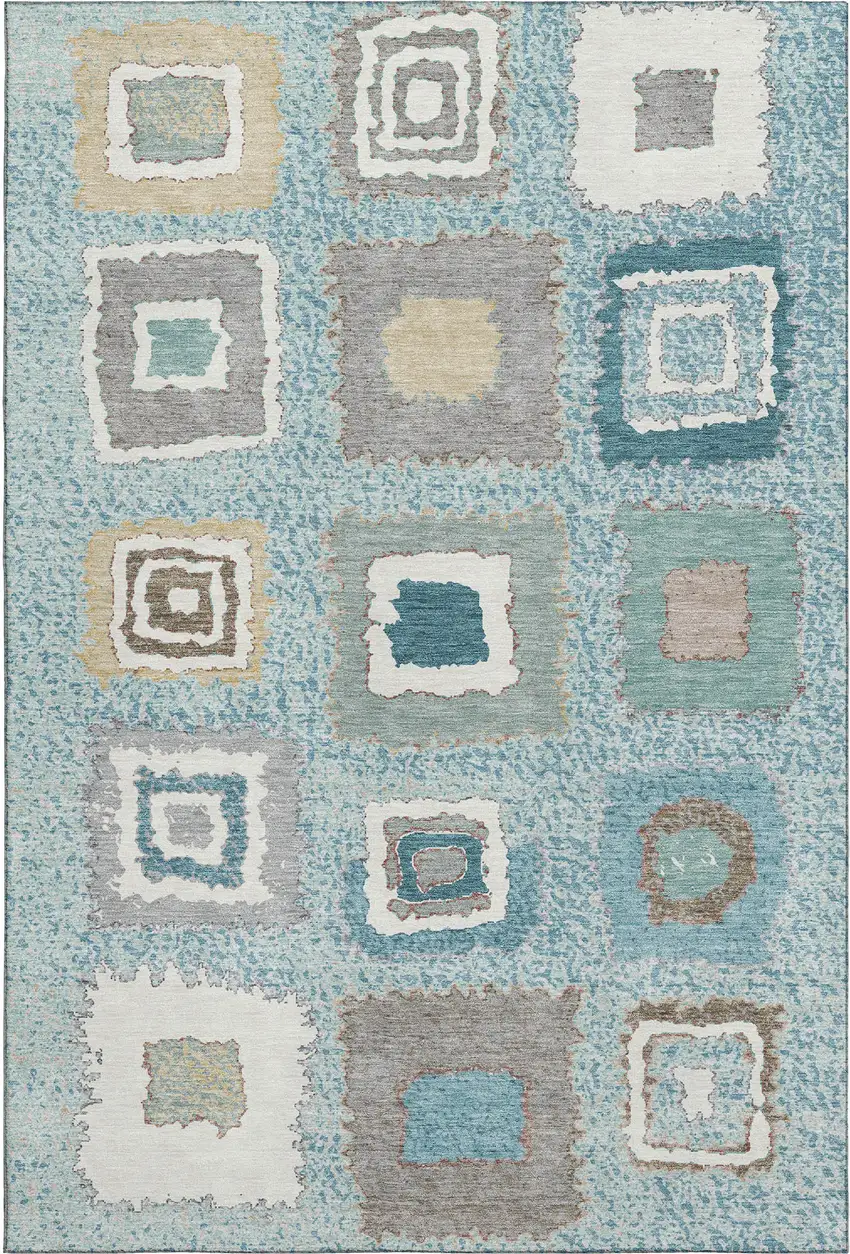 Teal Ivory And Beige Geometric Washable Area Rug With UV Protection Photo 1