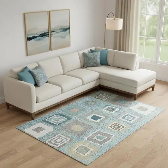 Teal Ivory And Beige Geometric Washable Area Rug With UV Protection Photo 2