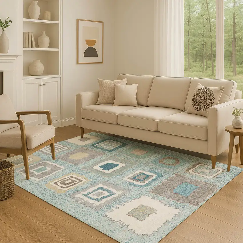 Teal Ivory And Beige Geometric Washable Area Rug With UV Protection Photo 5