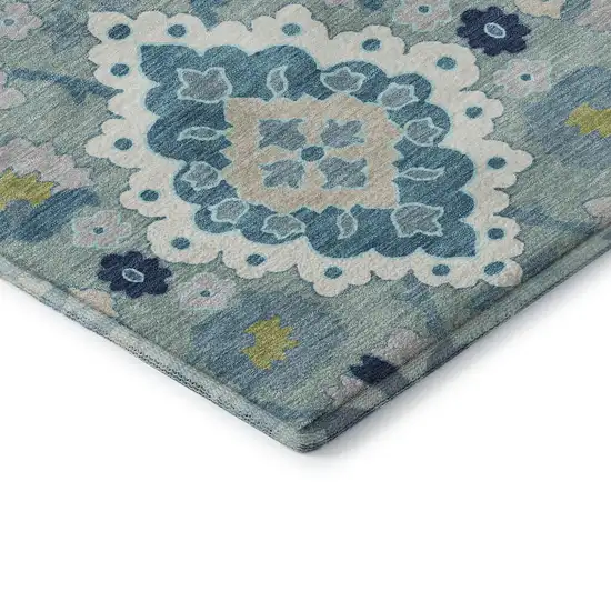 Teal Ivory And Beige Oriental Washable Area Rug With UV Protection Photo 7