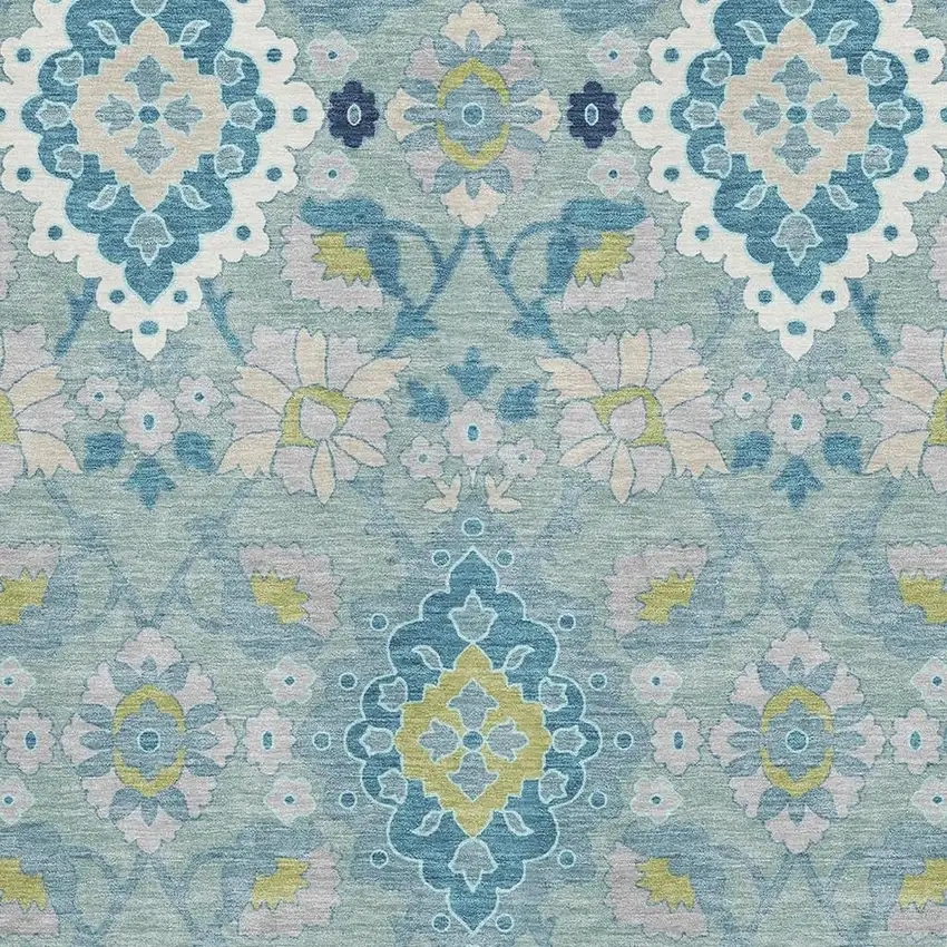 Teal Ivory And Beige Oriental Washable Area Rug With UV Protection Photo 2