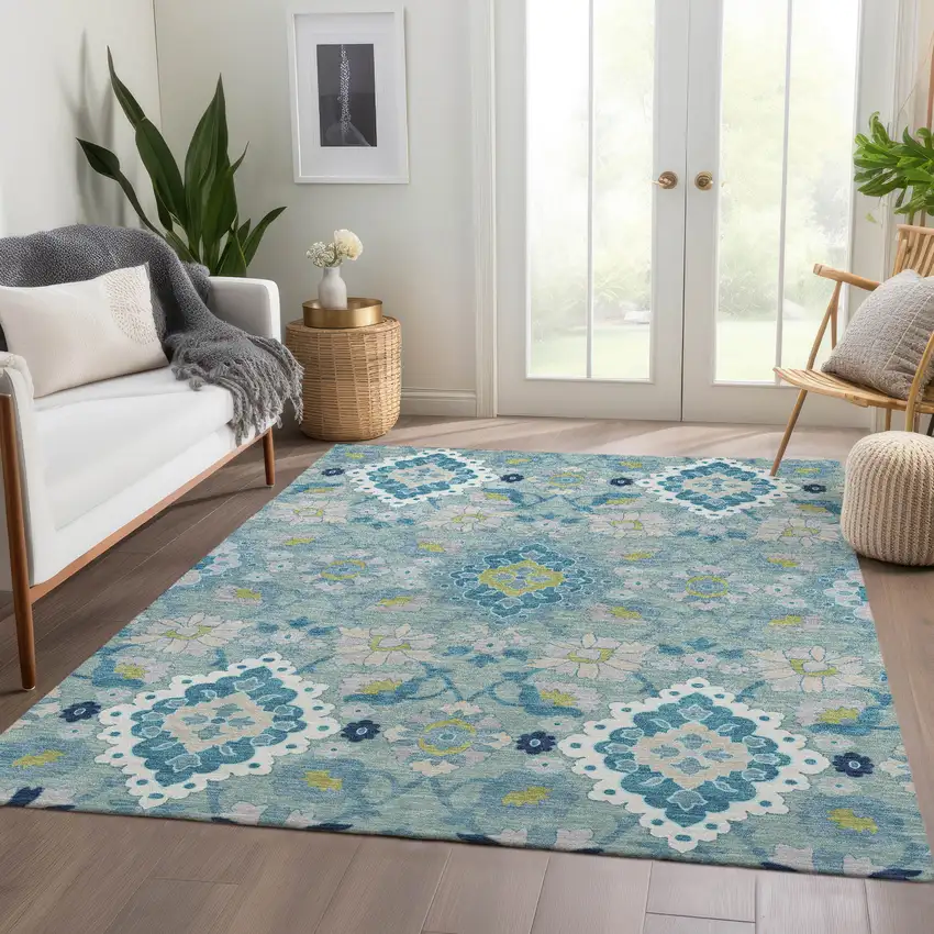 Teal Ivory And Beige Oriental Washable Area Rug With UV Protection Photo 5