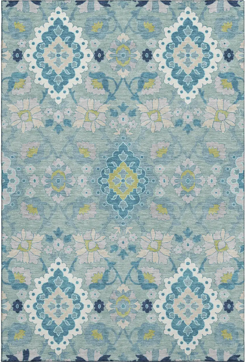 Teal Ivory And Beige Oriental Washable Area Rug With UV Protection Photo 1