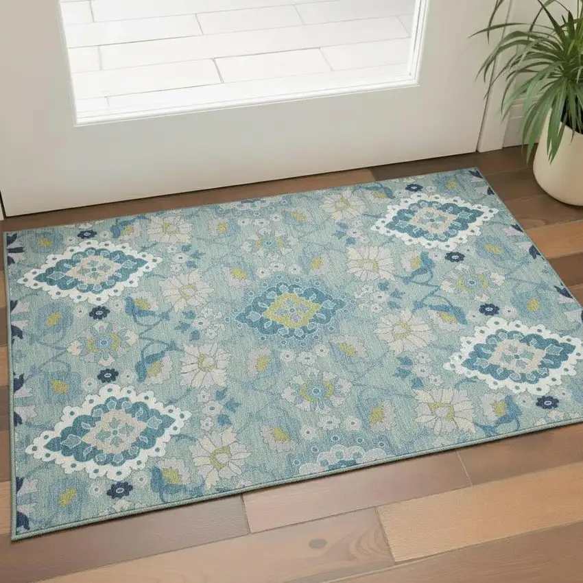 Teal Ivory And Beige Oriental Washable Area Rug With UV Protection Photo 2