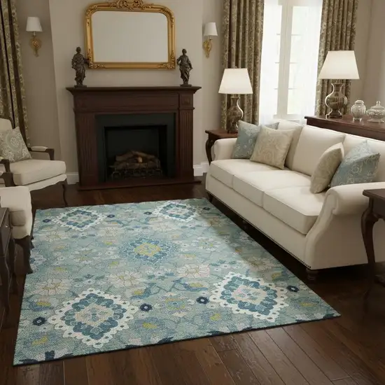 Teal Ivory And Beige Oriental Washable Area Rug With UV Protection Photo 2