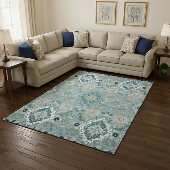 Teal Ivory And Beige Oriental Washable Area Rug With UV Protection Photo 2