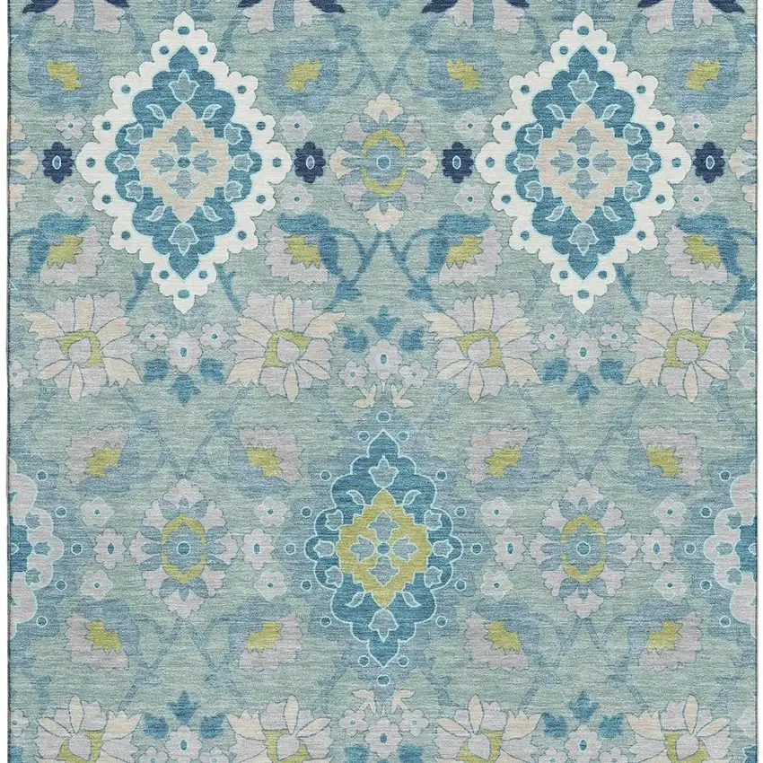 Teal Ivory And Beige Oriental Washable Area Rug With UV Protection Photo 2