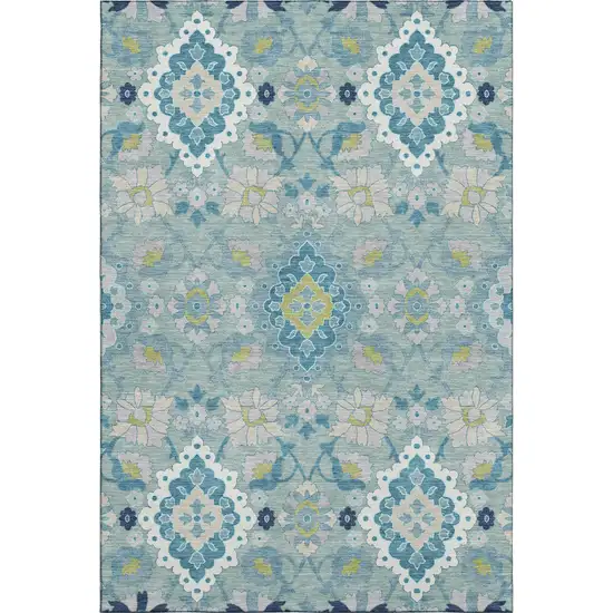 Teal Ivory And Beige Oriental Washable Area Rug With UV Protection Photo 1