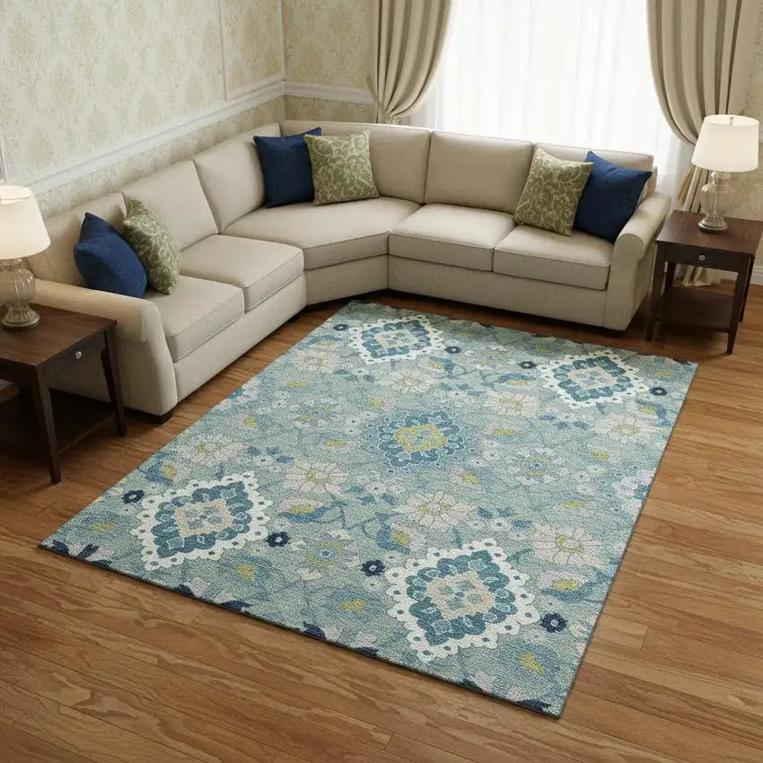 Teal Ivory And Beige Oriental Washable Area Rug With UV Protection Photo 2