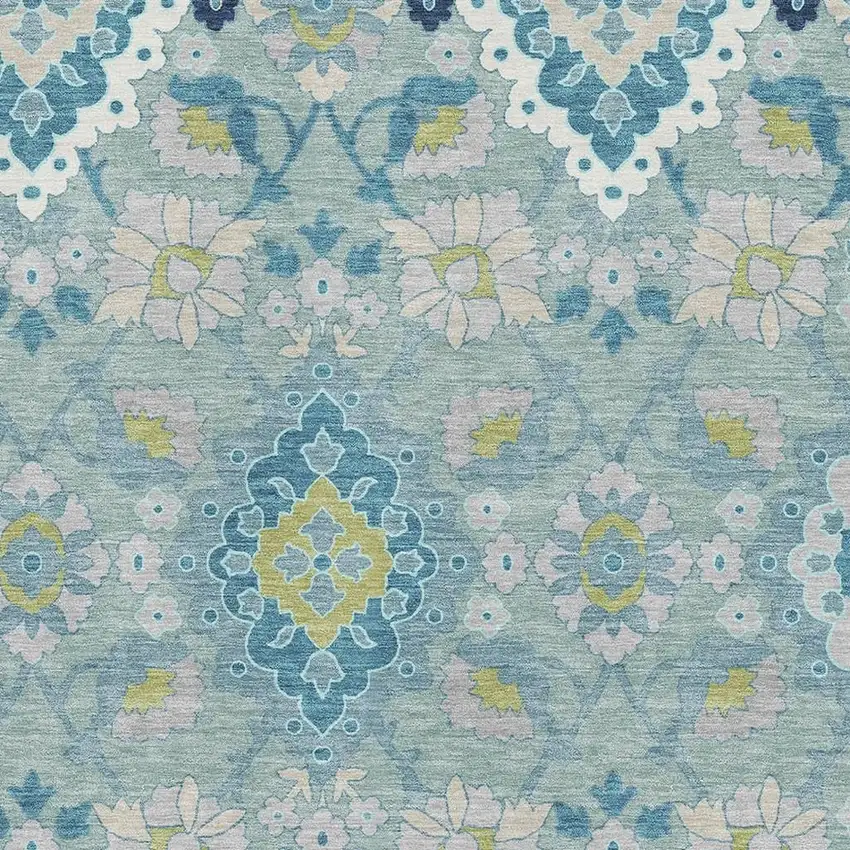 Teal Ivory And Beige Oriental Washable Area Rug With UV Protection Photo 2