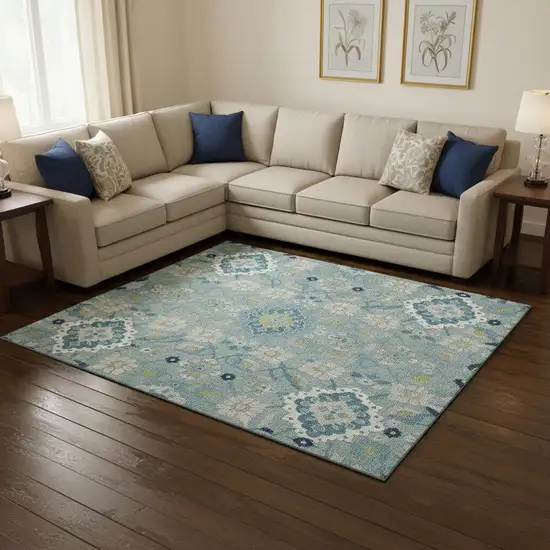 Teal Ivory And Beige Oriental Washable Area Rug With UV Protection Photo 2