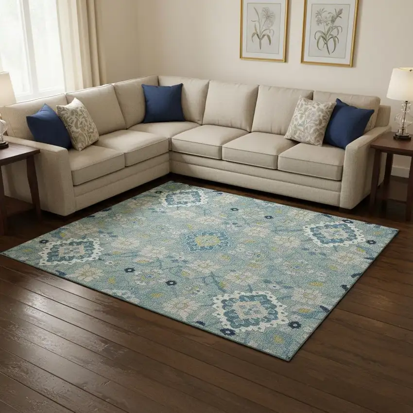 Teal Ivory And Beige Oriental Washable Area Rug With UV Protection Photo 2