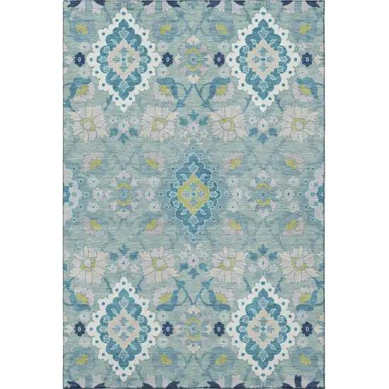 Teal Ivory And Beige Oriental Washable Area Rug With UV Protection Photo 3
