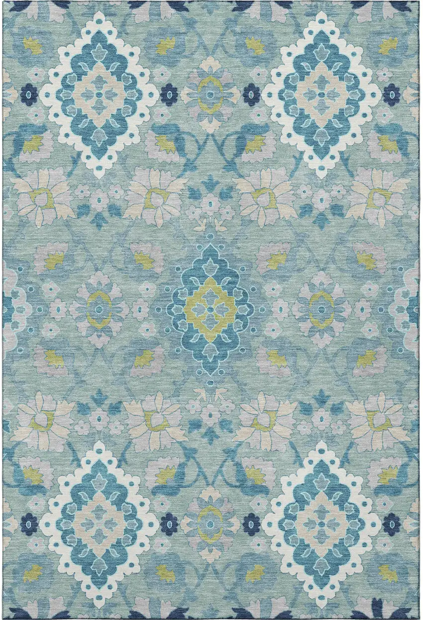 Teal Ivory And Beige Oriental Washable Area Rug With UV Protection Photo 3