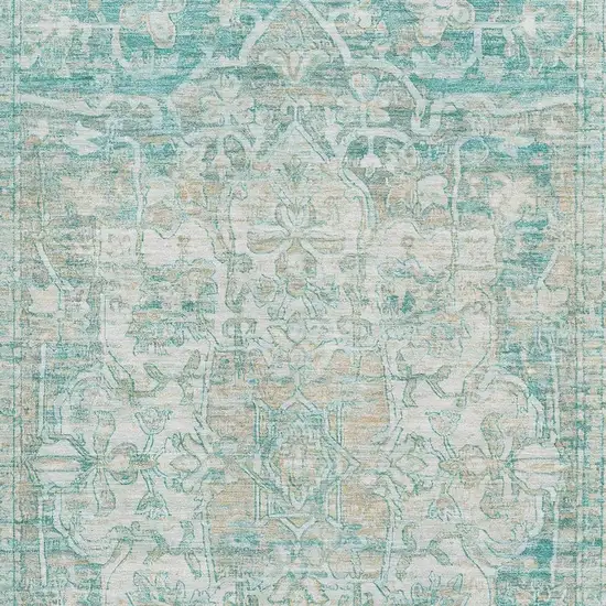 Teal Ivory And Beige Oriental Washable Area Rug With UV Protection Photo 2