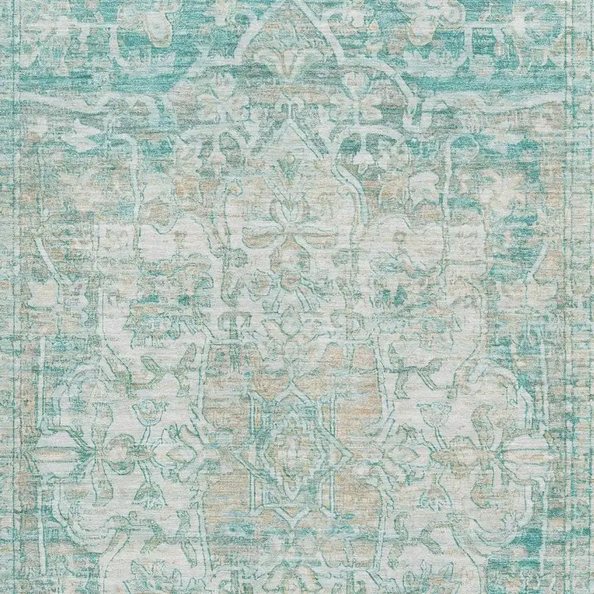Teal Ivory And Beige Oriental Washable Area Rug With UV Protection Photo 2