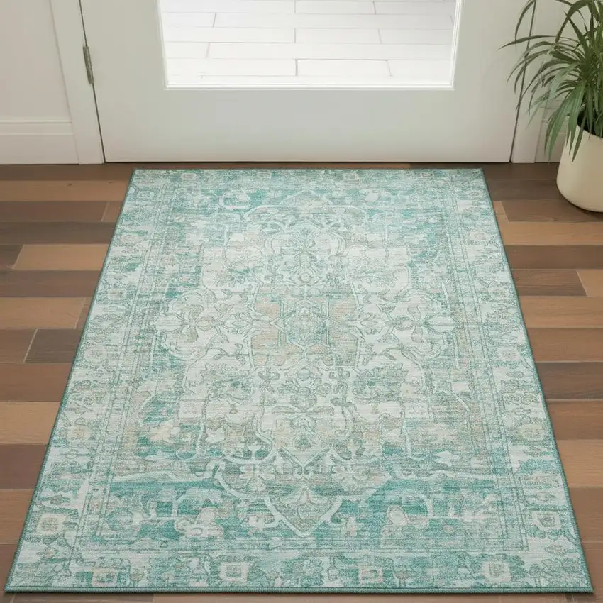 Teal Ivory And Beige Oriental Washable Area Rug With UV Protection Photo 1