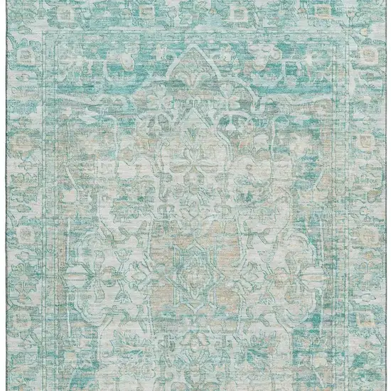 Teal Ivory And Beige Oriental Washable Area Rug With UV Protection Photo 3
