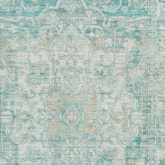 Teal Ivory And Beige Oriental Washable Area Rug With UV Protection Photo 2