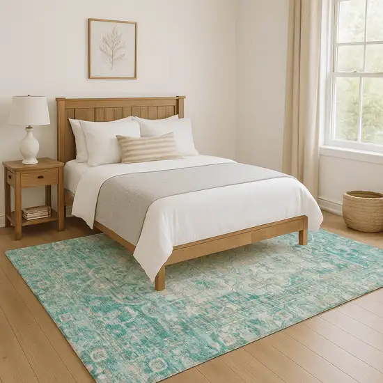 Teal Ivory And Beige Oriental Washable Area Rug With UV Protection Photo 5