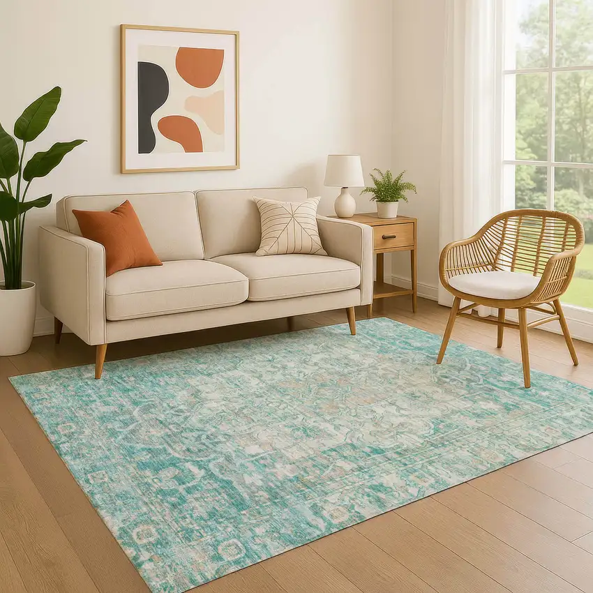 Teal Ivory And Beige Oriental Washable Area Rug With UV Protection Photo 5