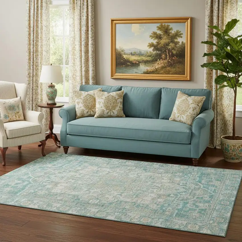 Teal Ivory And Beige Oriental Washable Area Rug With UV Protection Photo 2