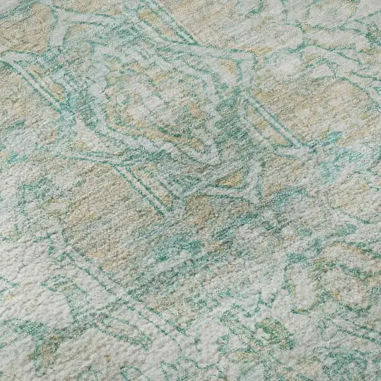 Teal Ivory And Beige Oriental Washable Area Rug With UV Protection Photo 9