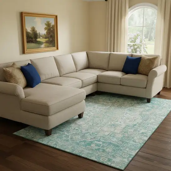 Teal Ivory And Beige Oriental Washable Area Rug With UV Protection Photo 2