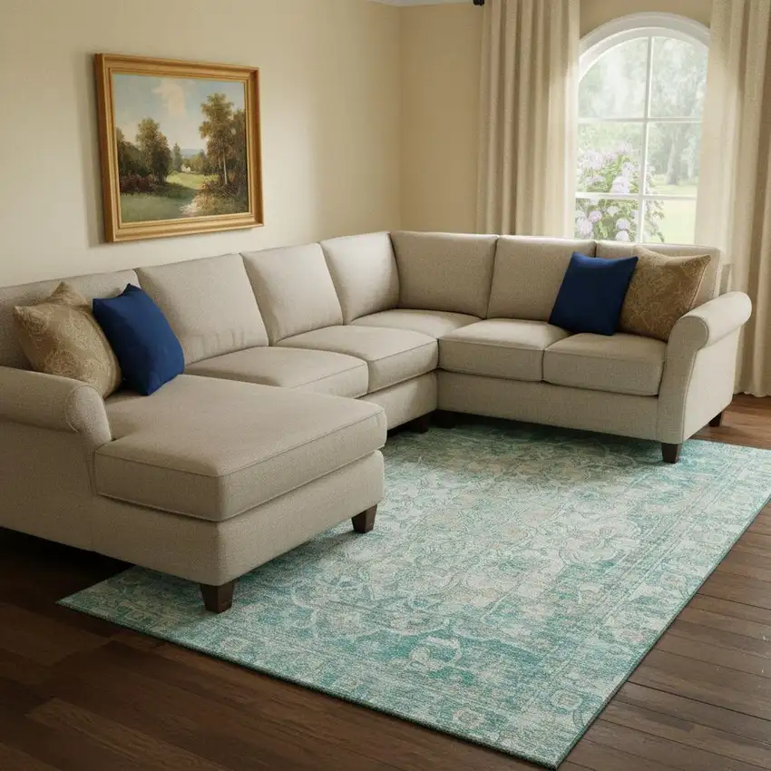 Teal Ivory And Beige Oriental Washable Area Rug With UV Protection Photo 2