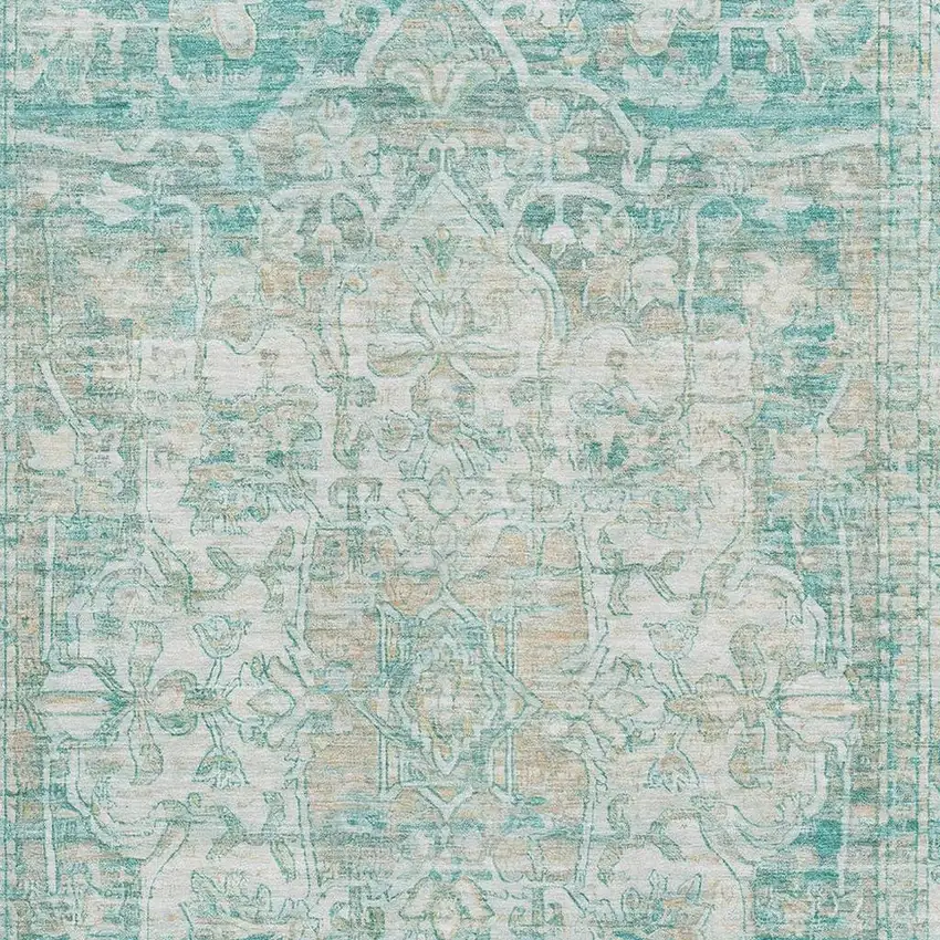 Teal Ivory And Beige Oriental Washable Area Rug With UV Protection Photo 2