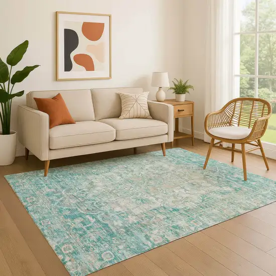 Teal Ivory And Beige Oriental Washable Area Rug With UV Protection Photo 4
