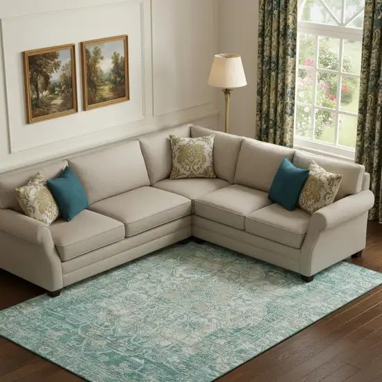 Teal Ivory And Beige Oriental Washable Area Rug With UV Protection Photo 2