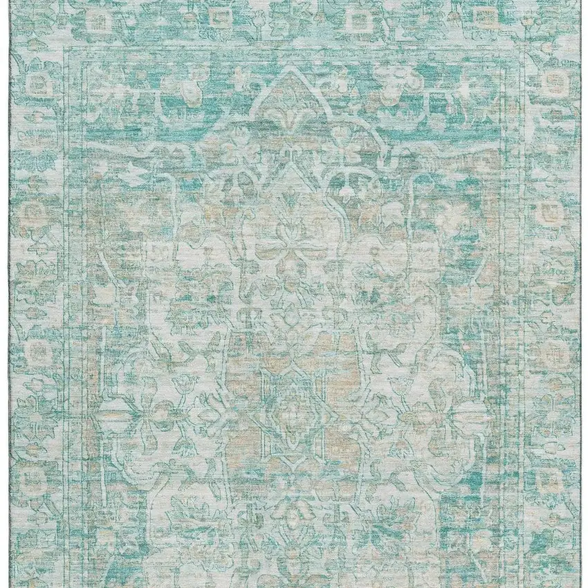 Teal Ivory And Beige Oriental Washable Area Rug With UV Protection Photo 3