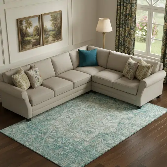 Teal Ivory And Beige Oriental Washable Area Rug With UV Protection Photo 2