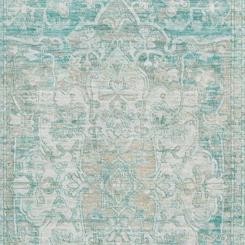 Teal Ivory And Beige Oriental Washable Area Rug With UV Protection Photo 2