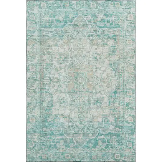 Teal Ivory And Beige Oriental Washable Area Rug With UV Protection Photo 1