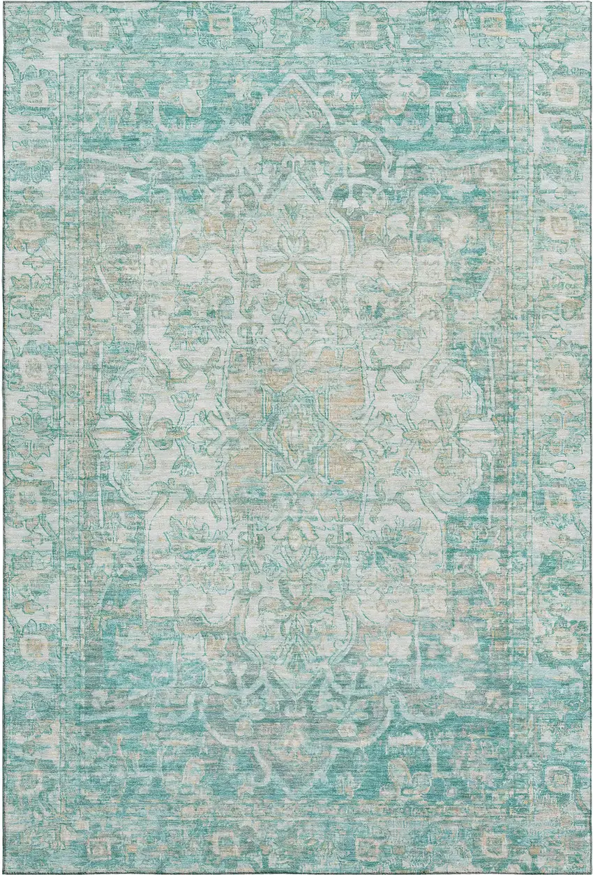 Teal Ivory And Beige Oriental Washable Area Rug With UV Protection Photo 1