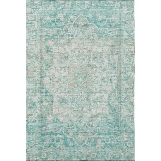 Teal Ivory And Beige Oriental Washable Area Rug With UV Protection Photo 3