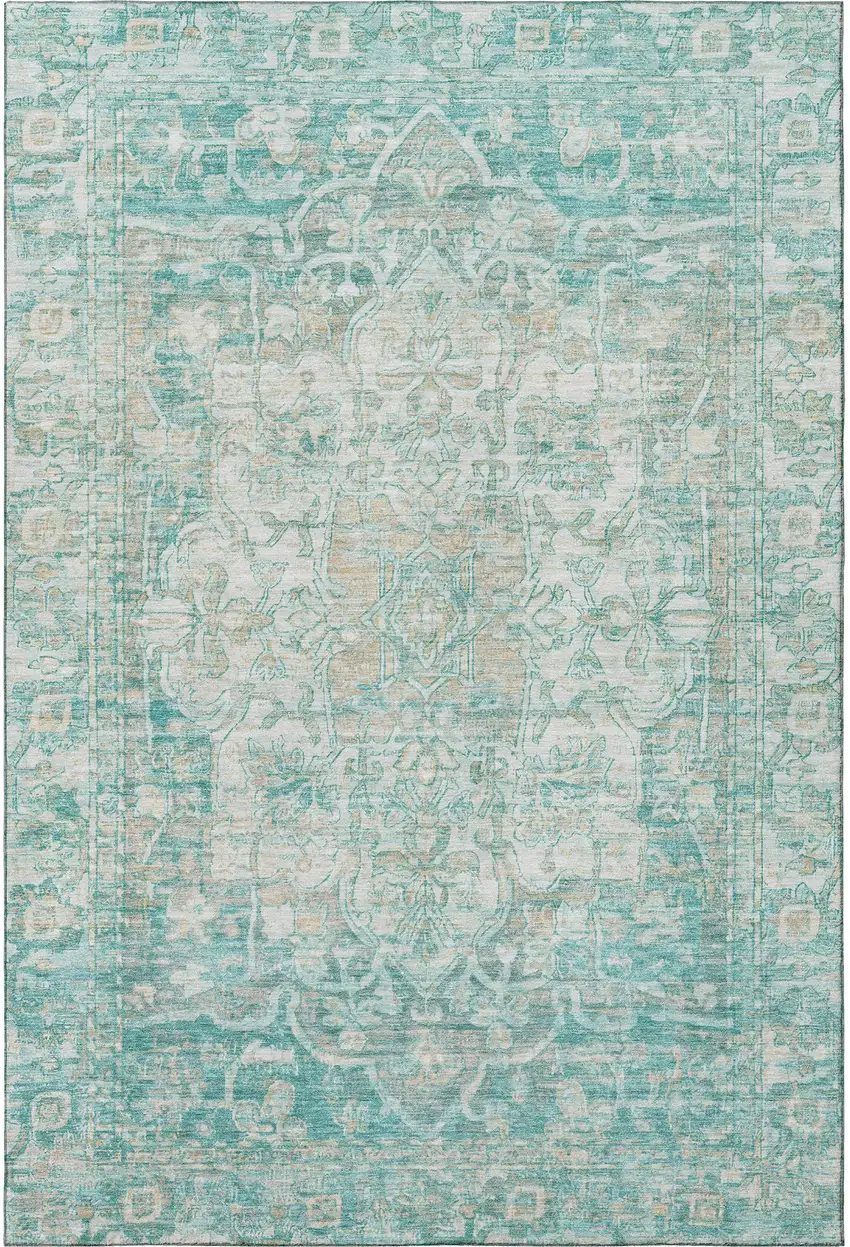 Teal Ivory And Beige Oriental Washable Area Rug With UV Protection Photo 3