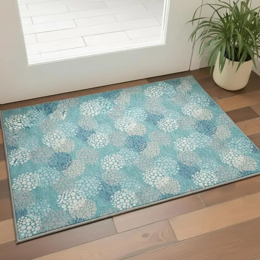 Teal Ivory And Beige Polka Dot Washable Area Rug With UV Protection Photo 2