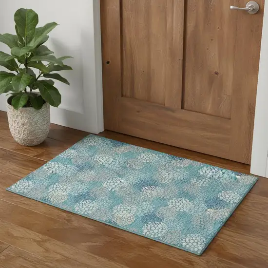 Teal Ivory And Beige Polka Dot Washable Area Rug With UV Protection Photo 1