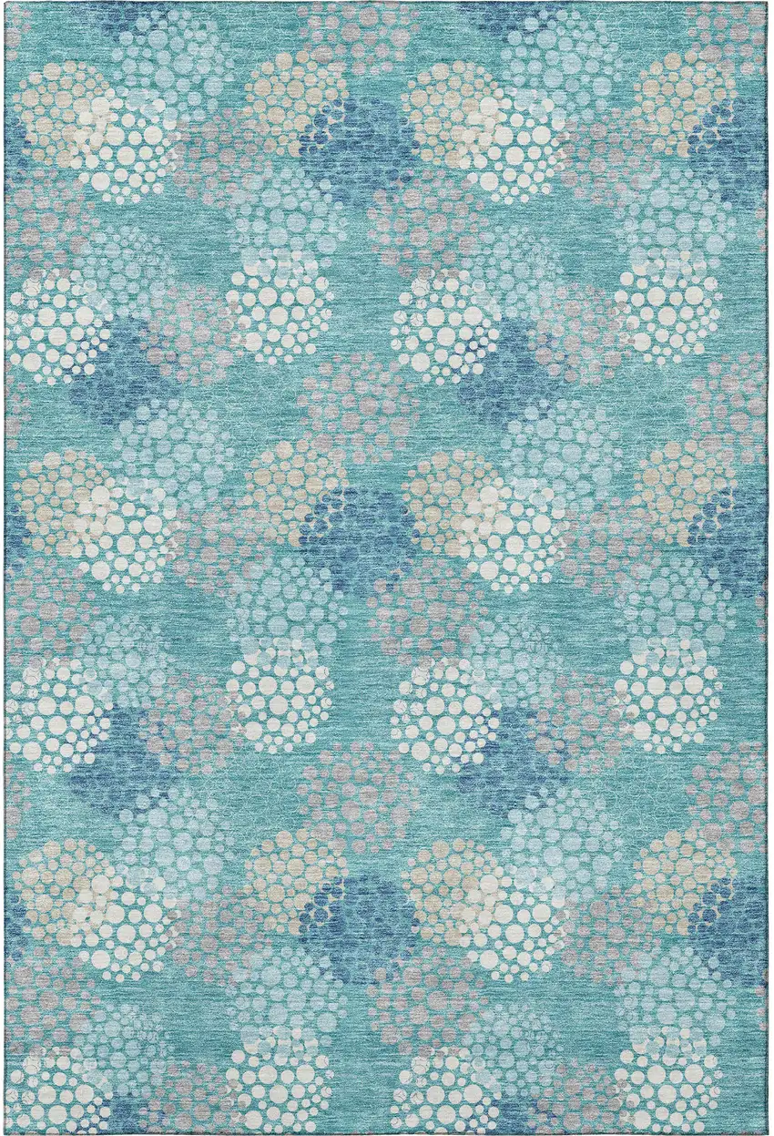 Teal Ivory And Beige Polka Dot Washable Area Rug With UV Protection Photo 4